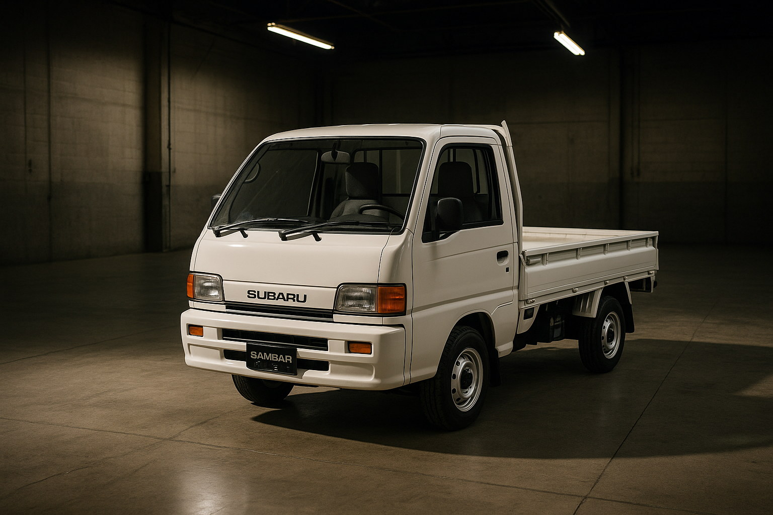 hyper realistic subaru sambar mini truck inside of a empty warehouse